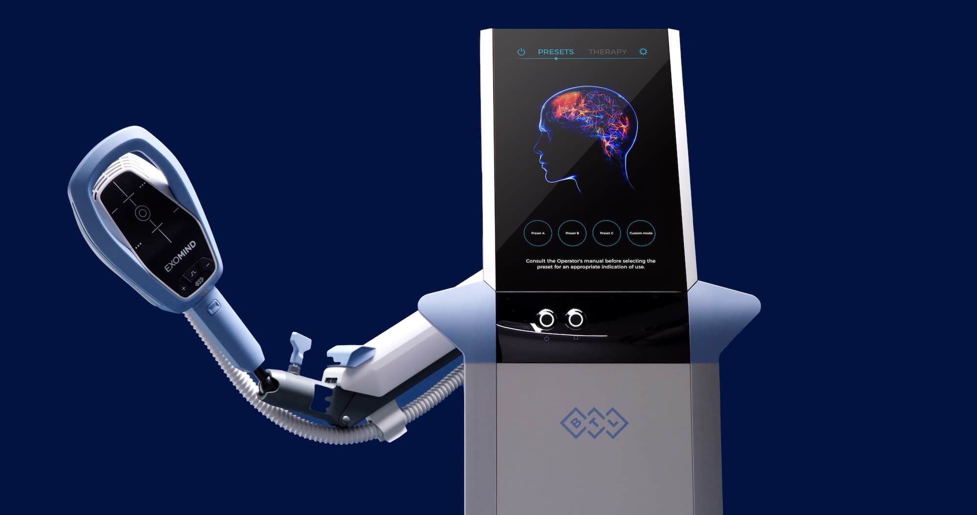 The Exomind device (best treatment for anxiety in Abilene), including a screen and applicator in front of a navy background.