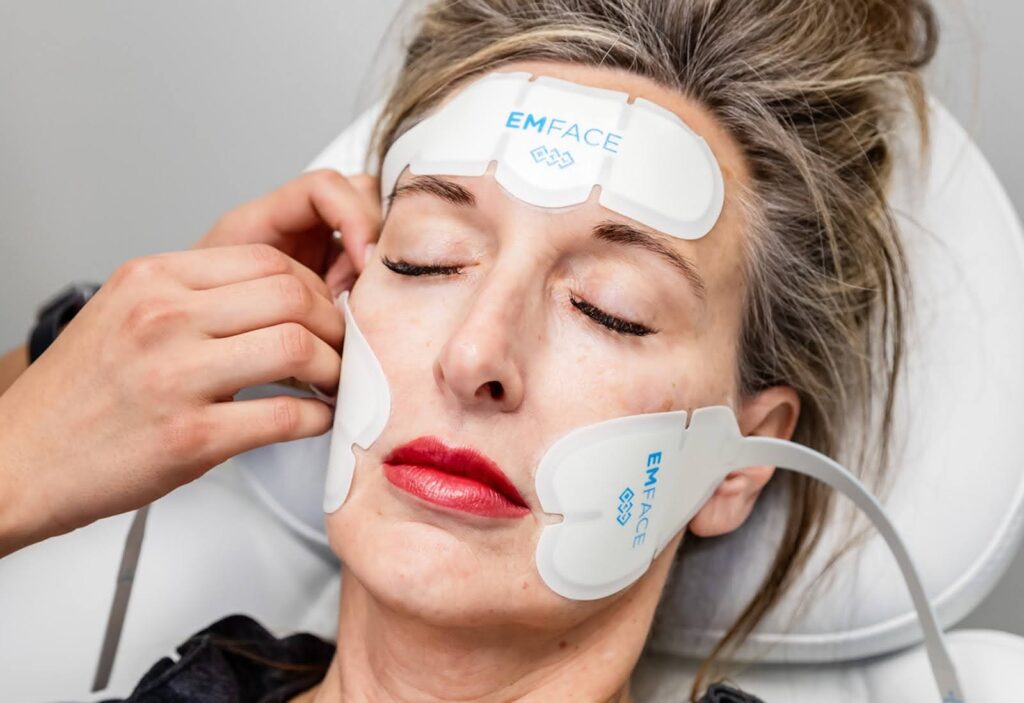 Close up of a woman during an Emface treatment, which is one of Healthtec's alternatives to Botox in Abilene.